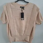 DKNY Short Sleeve Sweater Knit Top Ruffle Honey Pink Peach NWT Womens Large