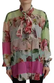 Dolce&Gabbana Women Multicolor Blouse Fabric Floral Patchwork Ascot Top Sz IT 42