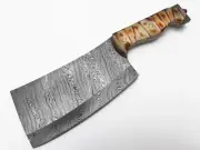 Damascus Kitchen Cleaver Butchers Camel Bone Handle With Pure Leather Sheath
