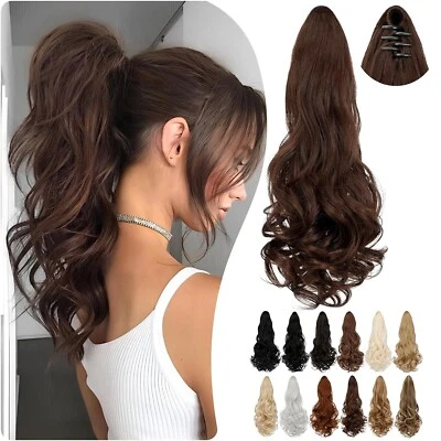 Ponytail Extension Claw 18"Long Curly Wavy Clip Synthetic Hair Extension-M Brown