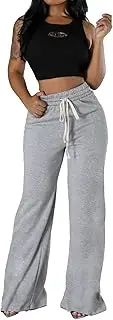 [Unybwonn] Women High Waist Wide Leg Sweatpants Straight Leg Elastic Waist Pants Casual Striped Pants with Drawstring