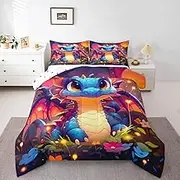 Girls Cartoon Dragon Bedding Full Size for Kids Boys Bedroom Decor Magic Wildlife Comforter Set, Rainbow Floral Duvet Insert Hippie Neon Mushroom Quilt Set Jungle Animal Bedding Comforters & Sets