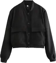 [Generic] Women's Cropped Bomber Jacket Casual Street Button Down Varsity Jacket with Two Big Pockets