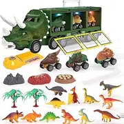 Ameon Dinosaur Truck Toy for Kids 3-8 – Features Lights, Sounds, Music, 3 Pull-Back Cars, and 12 Dinosaur Figures – Fun, Educational Toy Perfect for Boys and Girls, Ideal Birthday Gift!