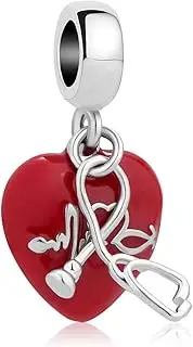 [ZakiaHo] Red Heart Heartbeat ECG Electrocardiogram Charms for Bracelets Dangle Bead Compatible with Pandora Charms Bracelets, Copper, No Gemstone