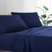 Luxton Navy Blue Sheet Set Double Size 1000TC Premium Soft Microfibre Solid Plain Color - 4PCS Fully Fitted 40cm Deep Pocket Bed Sheet Set (Navy Blue, Double)
