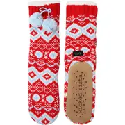 Wicked Sista Slipper Socks Diamond Nordic w/ Pom Poms Non-Slip One Size Red