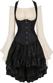[Hengzhifeng] Women's Steampunk Corsets Underbust Strap Bustier Tops with Pirate Skirt and Gothic Blouse Costume