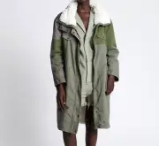 One Teaspoon Green Patchwork Twill Utility Defender Sherpa Fur Lined Coat Small