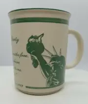 Vtg Statue Of Liberty Coffee Mug Cup Tea Emma Lazarus 1883 Quote Green Inside