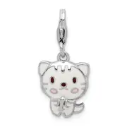Sterling Silver Rhodium-Plated Enameled Kitten W/Lobster Clasp Charm