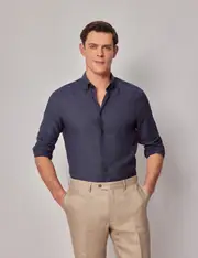 Hawes & Curtis Navy Pure Linen Slim Shirt | Button Down Collar Size: XXL