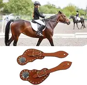 2Pcs Western Retro Spurs, with Rhinestones, Spurs for Cowboy Boots with Metal Buckle, Slippy Genuine Cow Leather Material, for Horse Training Protective Equipment Brown