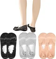 [worahroe] Women No Show Lace Socks Cotton Non-slip Breathable Ankle Socks Invisible Ultra Low Cut Liner Socks with Silicone Strips for Loafers Sneakers and High-heel Shoes - Black Nude Grey White Pink
