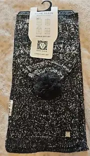 ANNE KLEIN HAT & SCARF SET BLACK SILVER KNIT SEQUINS LOGO-NWT! $84 RET