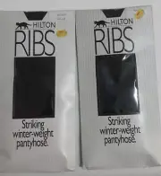 2 X VINTAGE HILTON RAVEN BLACK TALLS RIBS STRIKING WINTER WEIGHT PANTYHOSE