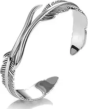[OWLKAY] Fancy Link Chain Bracelet. Sterling Silver Bracelet For Women,Ladies 925 Silver Bracelet Adjustable Boho Feather Cuff Bangle Hand Carve Feather Bracelets Birthday Gifts