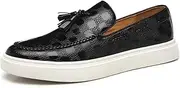 [Zeberfi] Men's Plaid Pattern Leather Slip On Tassel Loafers Fashion Round Toe Low Top Non-Slip Luxury Business Casual Shoes