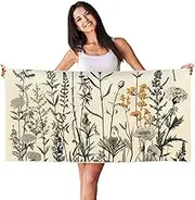JHLMN Microfiber Sand Free Beach Towel Thin Quick Dry Super Absorbent Large Lightweight Towels Ultra Soft Bath Towels Floral Herbs Botanical Engraving Compact Gym Towel for Adult Travel Camping Gift