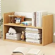 Hbluefat Desktop Organizer Shelf, Small Wood Desk Bookshelf, Tabletop Bookcase Display Storage Rack for Home Office Kitchen (2- Tier,Wood)