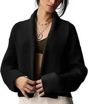 [Flygo] Women's Cropped Cardigan Sweater Oversized Shawl Lapel Chunky Knit Open Front Long Sleeve Cardigan Coat Outwear