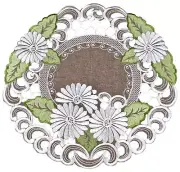 Silver Daisy with Green Leaves on Brown Doily Placemat 15 Inch Round