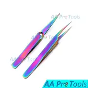2 Pcs Multi Rainbow Color Eyelash Extension Tweezers Pro Straight + X Type Str