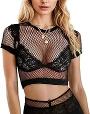 [uinnossvc] Women's Mesh Top Transparent Black Blouse Sexy Transparent Lace Tops Crew Neck Tank Tops Mesh Top Mesh Shirt Women's Mesh Top Women (L)