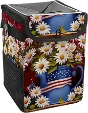 Car Trash Can with Lid and Storage Pockets Leak-Proof Organizer,Waterproof Garbage Can,American Flag Daisy Flower