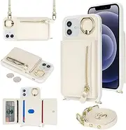 SunYoo for iPhone 12 Mini Crossbody Case with Card Holders Money Slots Zipper Coin Purse Rotatable Ring Kickstand Cover Wristlet Strap Lanyard Litchi Leather Wallet Cover for iPhone 12Mini White