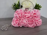 Elegant PINK Satin Roses Clutch Purse w/ Rhinestone Handle & Chain Prom Wedding