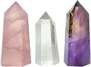 (Set of 3 (Rose Quartz, Clear Quartz & Amethyst)) - Set of 3 Healing Stone Wands of 3 Crystals, Rose Quartz, Clear Quartz, Amethyst, Pointed & Faceted Prism Bars for Reiki Chakra Meditation Therapy Deco
