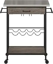 Nora Multifunctional Kitchen Cart, Wine Rack and Pantry Storage, Stainless Steel and Black Metal, Brown