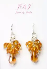 Golden Brown Crystal .925 Sterling Silver Earrings Cluster Dangle 1 1/2" Gold