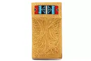 Western Bifold Wallet Tan Brown Checkbook Genuine Leather Fabric Embroidery Stud