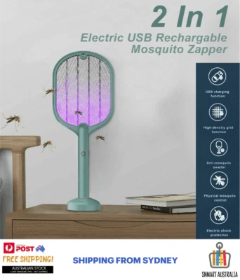 2 In 1 Electric Racket USB Rechargable Fly Swater Mosquito Insect Killer Zapper