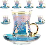 Vintage Turkish Tea Glasses Cups and Saucers Set of 6 with Handle Gold Decors for Serving and Drinking3.45 oz (100 ml)