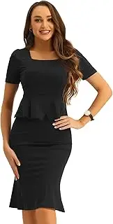 [Allegra K] Women's Peplum Blouse Skirt Set Business Outfit Square Neck Short Sleeve Top Fishtail Bodycon Skirts