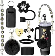 Cup Accessories for Stanley Cup 30oz 40oz Tumbler with Handle, Including Water Bottle Handle Strap, Chapstick Holder, Boot, Keychain Charms, Straw Topper Cover Cap for Stanley (Black)