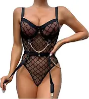 [Inquekets] Lingerie for Women Sexy Bodysuit Gridding Mesh with Garter Belt See Through Teddy Corset Babydoll Boudoir Outfit