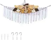 Stuffed Animal Storage Hammock Large Capacity Teddy Bear Storage with Lace Tassels Plushie Net Hammock with Hooks Corner Hanging Net for Stuffed Animals Bedroom Playroom Nursery Room Decor (Purple)