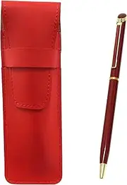 2 Pack Slim Cow Leather Pen Case Red Epoxy Rotating Ballpoint Pen Set Red T23-ASR-WD002-R-2