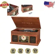 Nostalgic Mahogany Bluetooth Record Player with 3-Speed Turntable & FM Radio