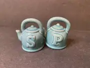 Pair Of Cracker Barrel Tea Kettle Salt & Pepper Set Cute Teal Blue Mini Set New