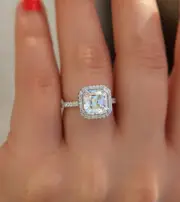 Elegant Asscher Cut Engagement Ring 10k Solid White Gold Halo Wedding Ring Her