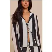 Petite Stripe Tie Front Shirt, Black