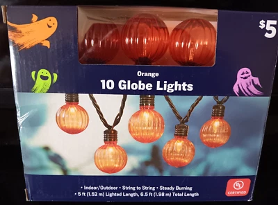 NEW Unopened Box of 10 ct Orange Globe String Lights, 6.5 feet, Halloween Decor