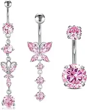 [Zolure] 14G Belly Button Ring Heart Diamond Belly Rings Surgical Steel Butterfly Belly Rings for Women 10mm Opal Navel Rings Green Navel Piercing Jewelry Belly Button Piercing Jewelry