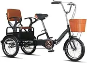 Folding Adult Tricycle,16inch Tandem Tricycle with Rear seat for Elderly,3 Wheels Cruiser Trike Bike with Sensitive Brakes,Saddle and Handlebar Height Adjustable,Cargo and Manned Trike