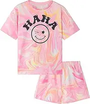 [EXARUS] Girls Tie Dye Short Sets Smiley Face Pattern Graphic Summer Outfit 2 Piece Short Sleeve with Side Pockets